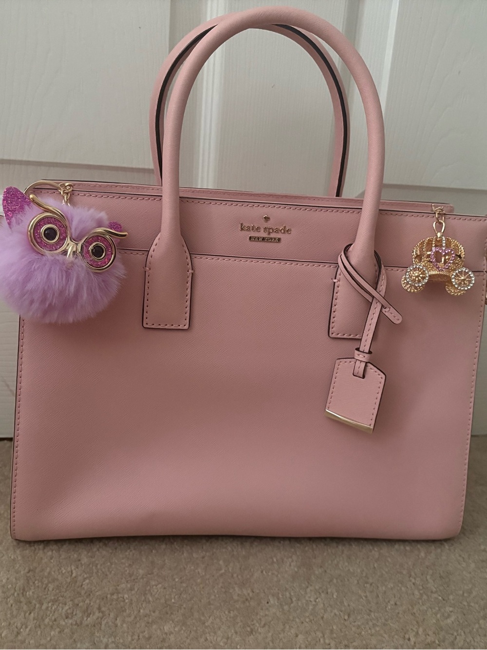Never used Kate Spade Pink Saffiano Leather Tote with Charm Accents